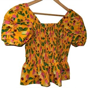 Farm Rio Mini Cashew Smocked Top Yellow Multi Size M Tropical Boho Puff Sleeve